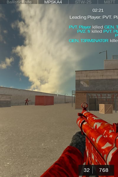 A video game screen with a gun and a man.